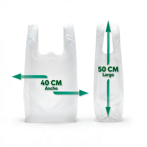 Dibujo con las medidas de una bolsa camiseta blanca de 40x50 cm