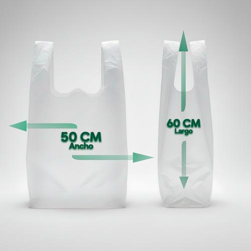 Dibujo con las medidas de una bolsa camiseta blanca de 50x60 cm